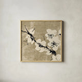Plum Blossom II Neutral by Chris Paschke. Shown in a natural wood glass frame for a timeless modern aesthetic. Available as an archival giclee rolled canvas, fine art paper, or poster print. SKU 19269a.