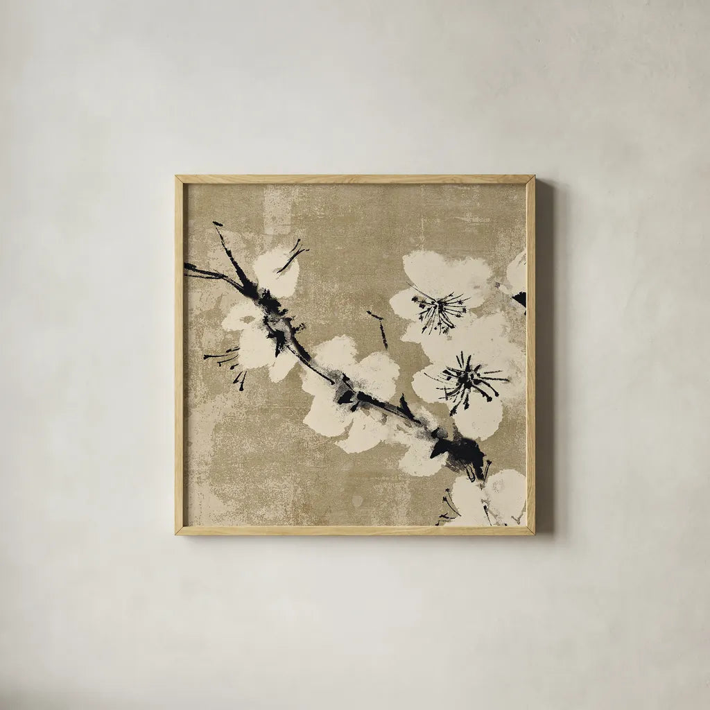 Plum Blossom II Neutral by Chris Paschke. Shown in a natural wood glass frame for a timeless modern aesthetic. Available as an archival giclee rolled canvas, fine art paper, or poster print. SKU 19269a.