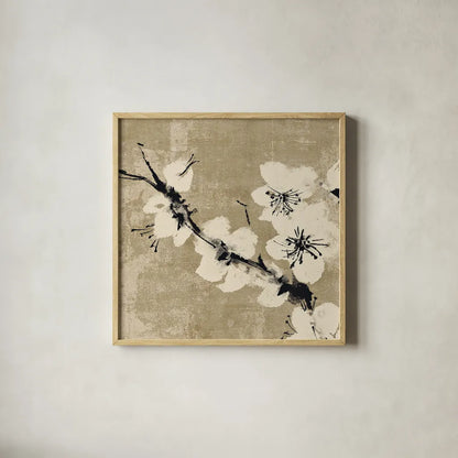 Plum Blossom II Neutral by Chris Paschke. Shown in a natural wood glass frame for a timeless modern aesthetic. Available as an archival giclee rolled canvas, fine art paper, or poster print. SKU 19269a.