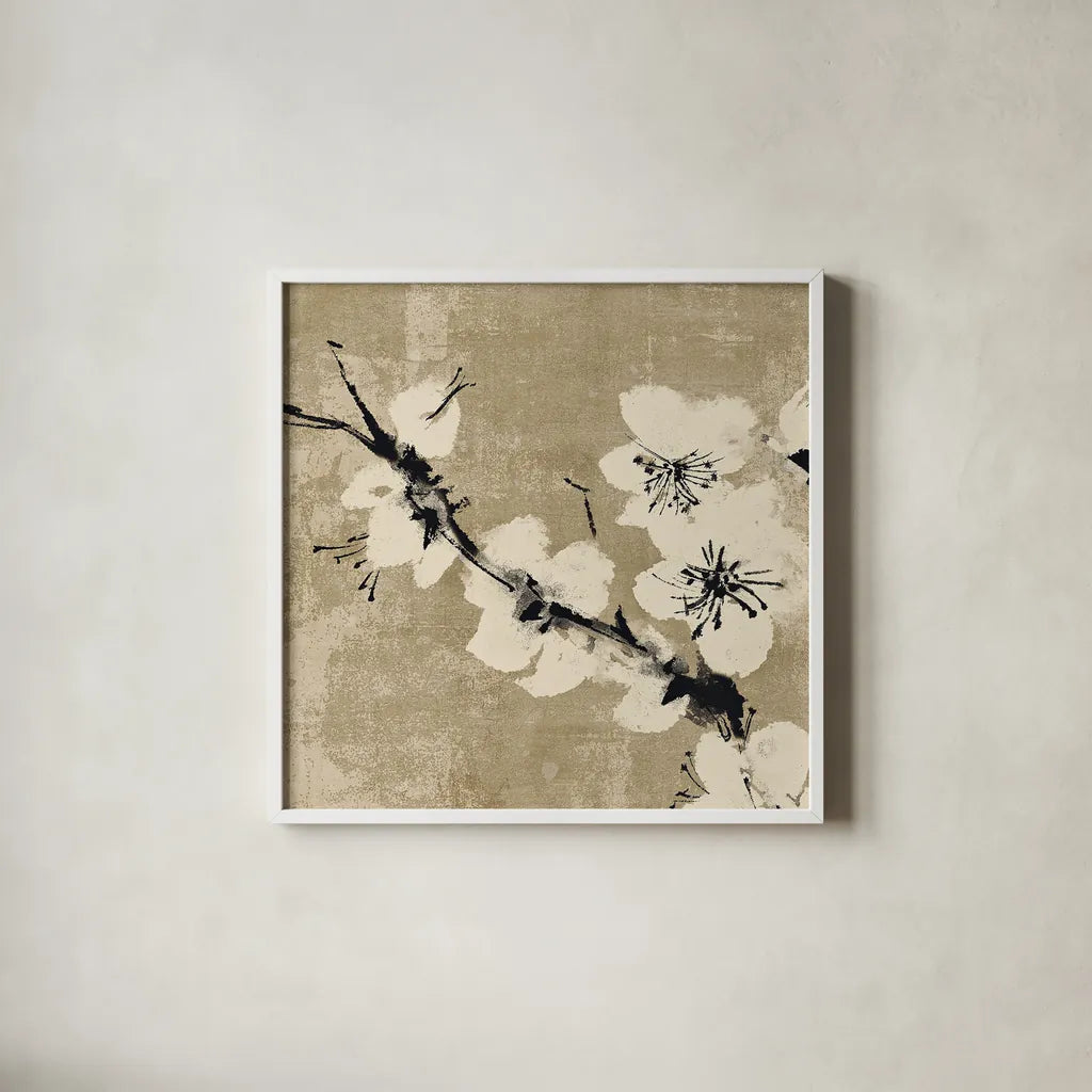 Plum Blossom II Neutral by Chris Paschke. Shown in a crisp white glass frame for a clean and minimalist style. Available as an archival giclee rolled canvas, fine art paper, or poster print. SKU 19269a.