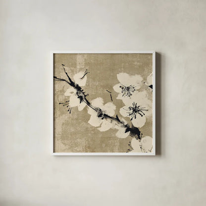 Plum Blossom II Neutral by Chris Paschke. Shown in a crisp white glass frame for a clean and minimalist style. Available as an archival giclee rolled canvas, fine art paper, or poster print. SKU 19269a.