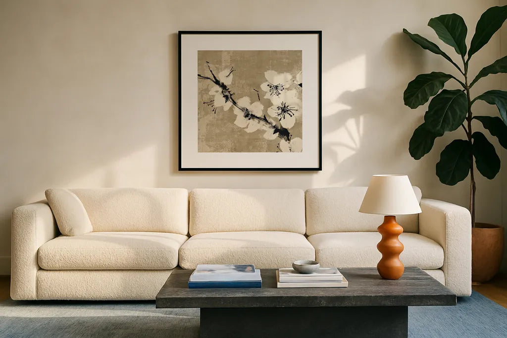 Plum Blossom II Neutral by Chris Paschke. Displayed in a glass frame with matte in a clean modern living room. Available as an archival giclee rolled canvas, fine art paper, or poster print. SKU 19269a.