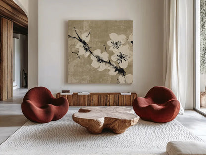 Plum Blossom II Neutral by Chris Paschke. Shown as extra-large giant wall art in a modern living room. Available as an archival giclee rolled canvas, fine art paper, or poster print. SKU 19269a.