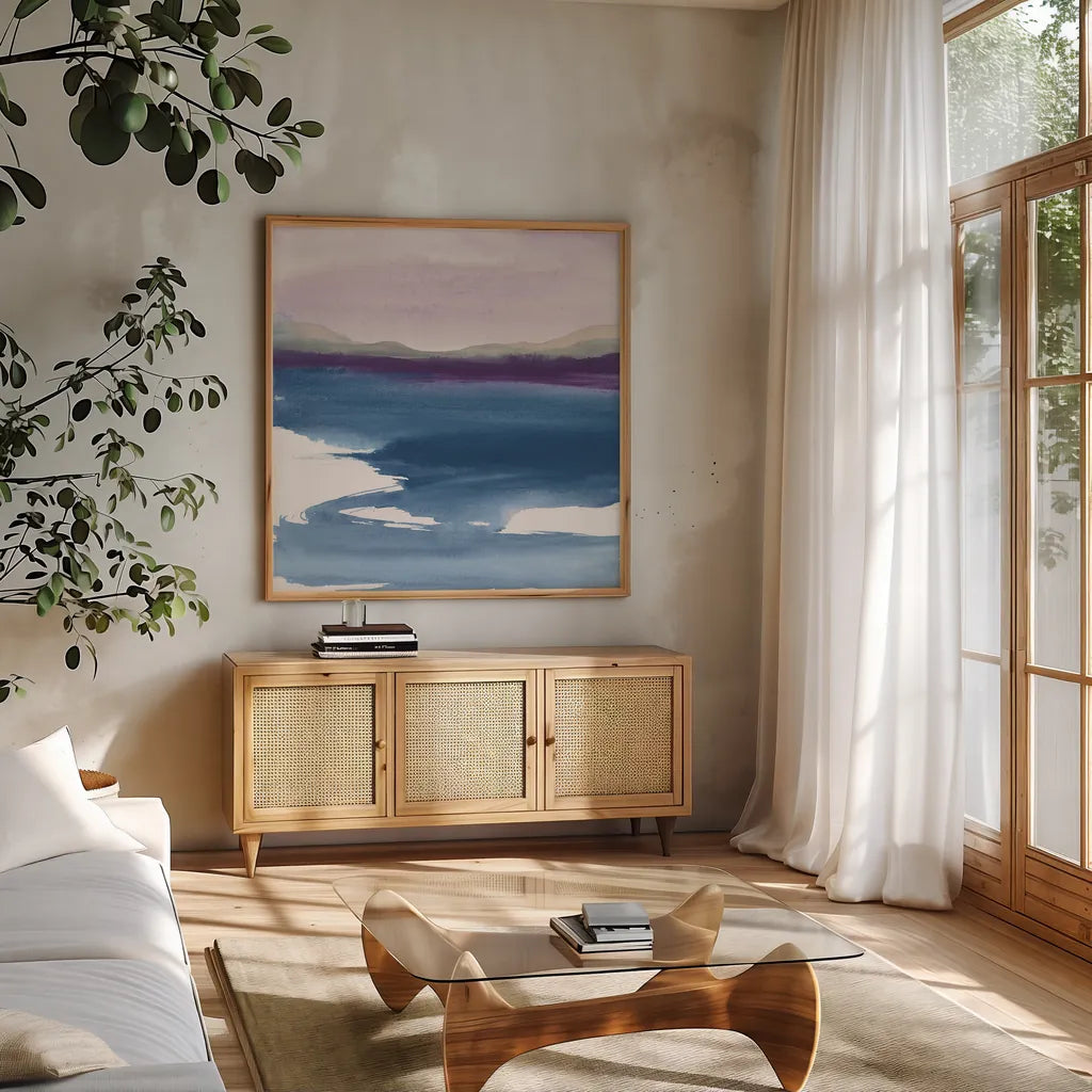 Plum Glow I by Chris Paschke. Shown in a natural wood frame in a cozy modern living room. Available as an archival giclee rolled canvas, fine art paper, or poster print. SKU 24080a.