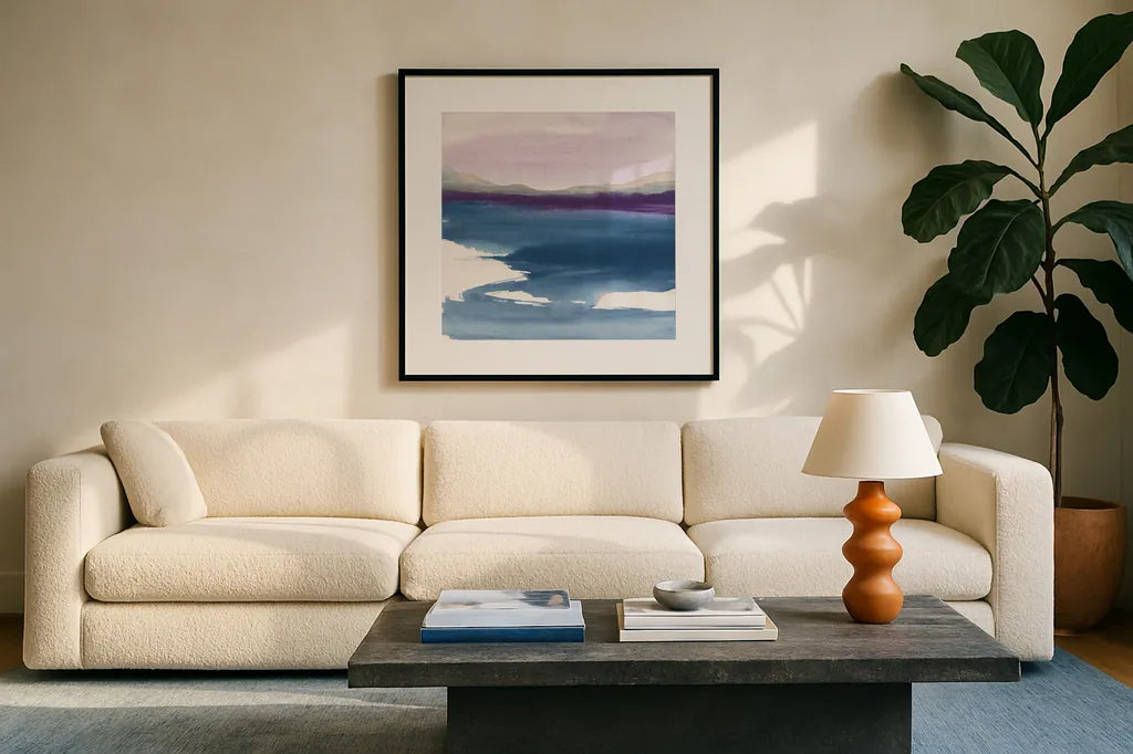 Plum Glow I by Chris Paschke. Displayed in a glass frame with matte in a clean modern living room. Available as an archival giclee rolled canvas, fine art paper, or poster print. SKU 24080a.