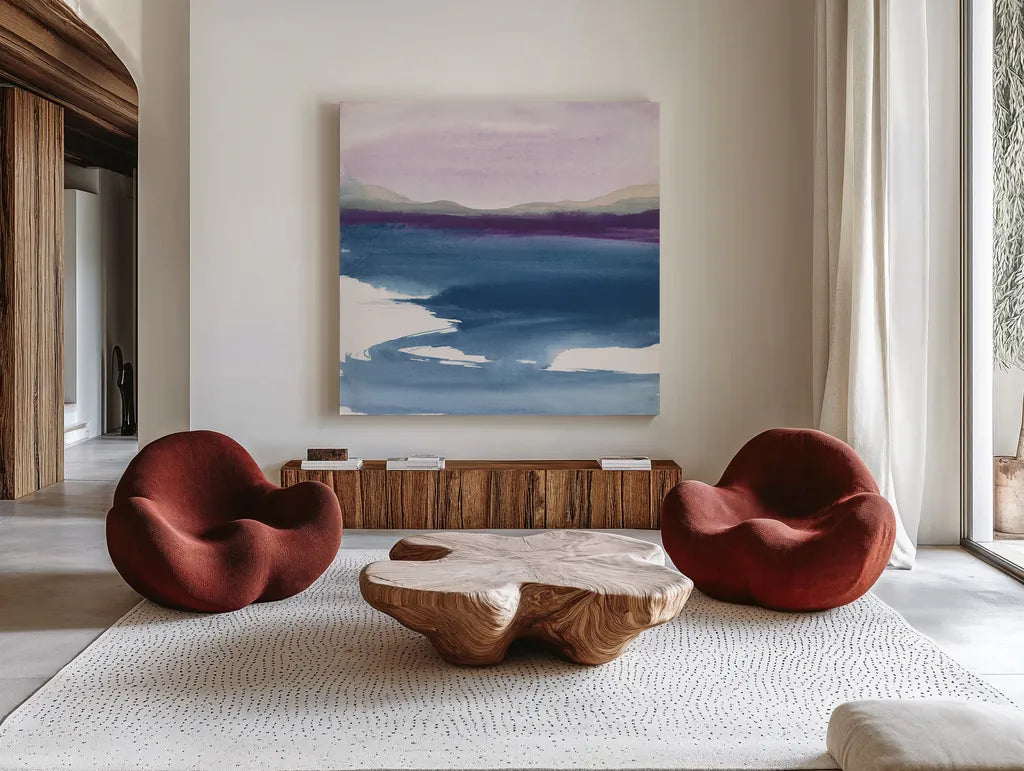 Plum Glow I by Chris Paschke. Shown as extra-large giant wall art in a modern living room. Available as an archival giclee rolled canvas, fine art paper, or poster print. SKU 24080a.