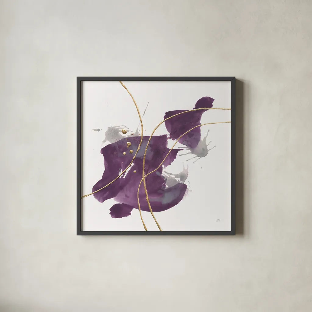 Plum and Gold I by Chris Paschke. Shown in a sleek black glass frame for a contemporary gallery look. Available as an archival giclee rolled canvas, fine art paper, or poster print. SKU 91456a.