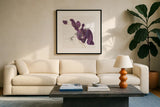 Plum and Gold II by Chris Paschke. Displayed in a glass frame with matte in a clean modern living room. Available as an archival giclee rolled canvas, fine art paper, or poster print. SKU 91457a.