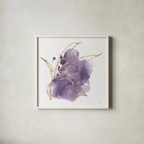 Plum and Gold III by Chris Paschke. Shown in a crisp white glass frame for a clean and minimalist style. Available as an archival giclee rolled canvas, fine art paper, or poster print. SKU 91458a.