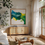 Pod by Chris Paschke. Shown in a natural wood frame in a cozy modern living room. Available as an archival giclee rolled canvas, fine art paper, or poster print. SKU 65434a.