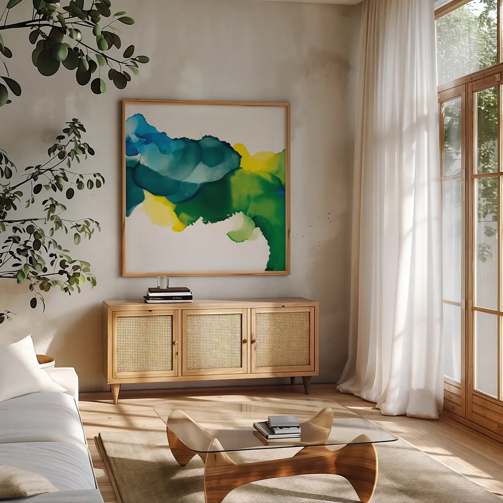 Pod by Chris Paschke. Shown in a natural wood frame in a cozy modern living room. Available as an archival giclee rolled canvas, fine art paper, or poster print. SKU 65434a.