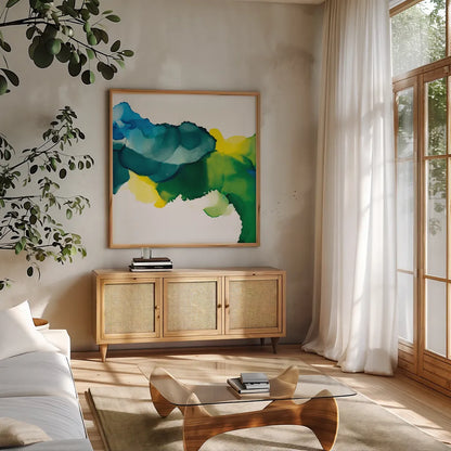 Pod by Chris Paschke. Shown in a natural wood frame in a cozy modern living room. Available as an archival giclee rolled canvas, fine art paper, or poster print. SKU 65434a.