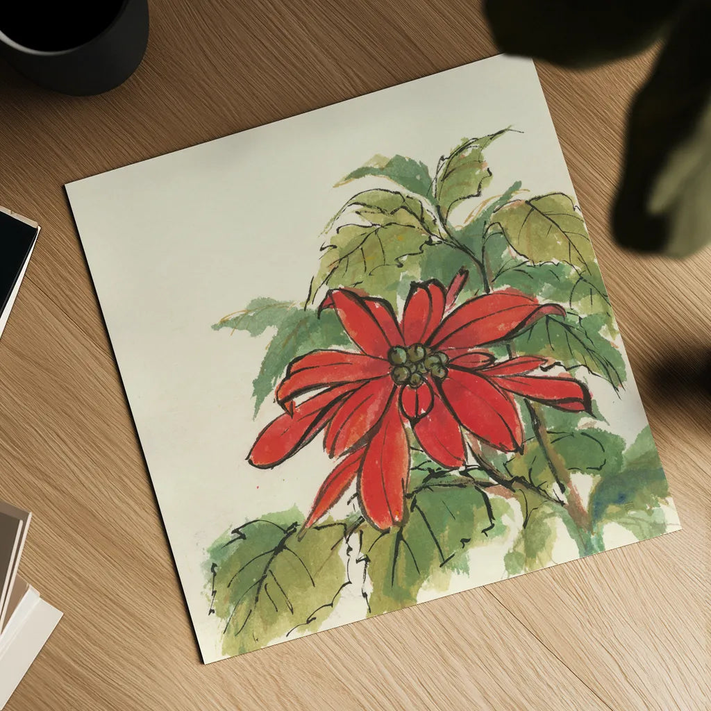 Poinsettia I by Chris Paschke. Shown as a detailed flat fine art print, highlighting archival giclee quality. Available as an archival giclee rolled canvas, fine art paper, or poster print. SKU 44518a.