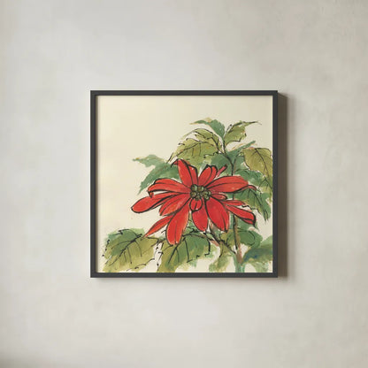 Poinsettia I by Chris Paschke. Shown in a sleek black glass frame for a contemporary gallery look. Available as an archival giclee rolled canvas, fine art paper, or poster print. SKU 44518a.