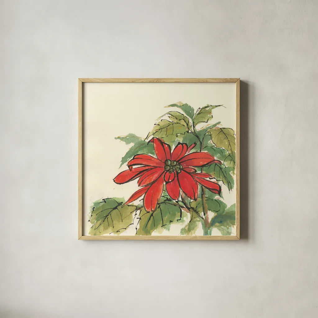 Poinsettia I by Chris Paschke. Shown in a natural wood glass frame for a timeless modern aesthetic. Available as an archival giclee rolled canvas, fine art paper, or poster print. SKU 44518a.