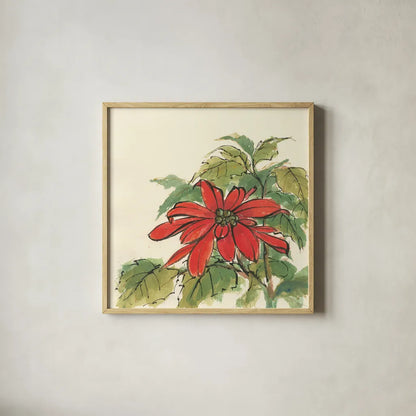 Poinsettia I by Chris Paschke. Shown in a natural wood glass frame for a timeless modern aesthetic. Available as an archival giclee rolled canvas, fine art paper, or poster print. SKU 44518a.