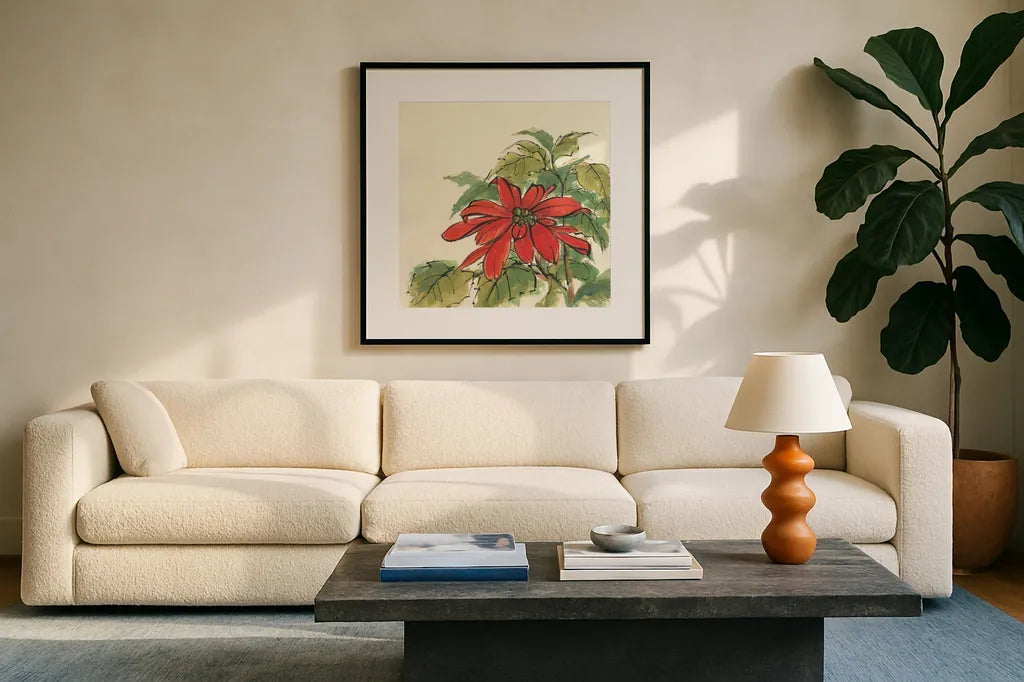 Poinsettia I by Chris Paschke. Displayed in a glass frame with matte in a clean modern living room. Available as an archival giclee rolled canvas, fine art paper, or poster print. SKU 44518a.