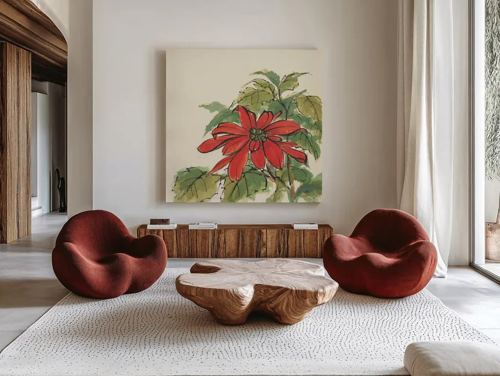Poinsettia I by Chris Paschke. Shown as extra-large giant wall art in a modern living room. Available as an archival giclee rolled canvas, fine art paper, or poster print. SKU 44518a.