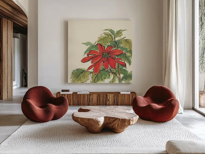 Poinsettia I by Chris Paschke. Shown as extra-large giant wall art in a modern living room. Available as an archival giclee rolled canvas, fine art paper, or poster print. SKU 44518a.