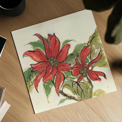 Poinsettia II by Chris Paschke. Shown as a detailed flat fine art print, highlighting archival giclee quality. Available as an archival giclee rolled canvas, fine art paper, or poster print. SKU 44519a.