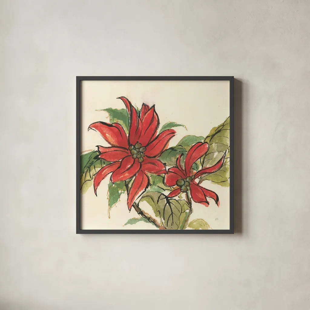 Poinsettia II by Chris Paschke. Shown in a sleek black glass frame for a contemporary gallery look. Available as an archival giclee rolled canvas, fine art paper, or poster print. SKU 44519a.