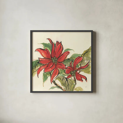 Poinsettia II by Chris Paschke. Shown in a sleek black glass frame for a contemporary gallery look. Available as an archival giclee rolled canvas, fine art paper, or poster print. SKU 44519a.