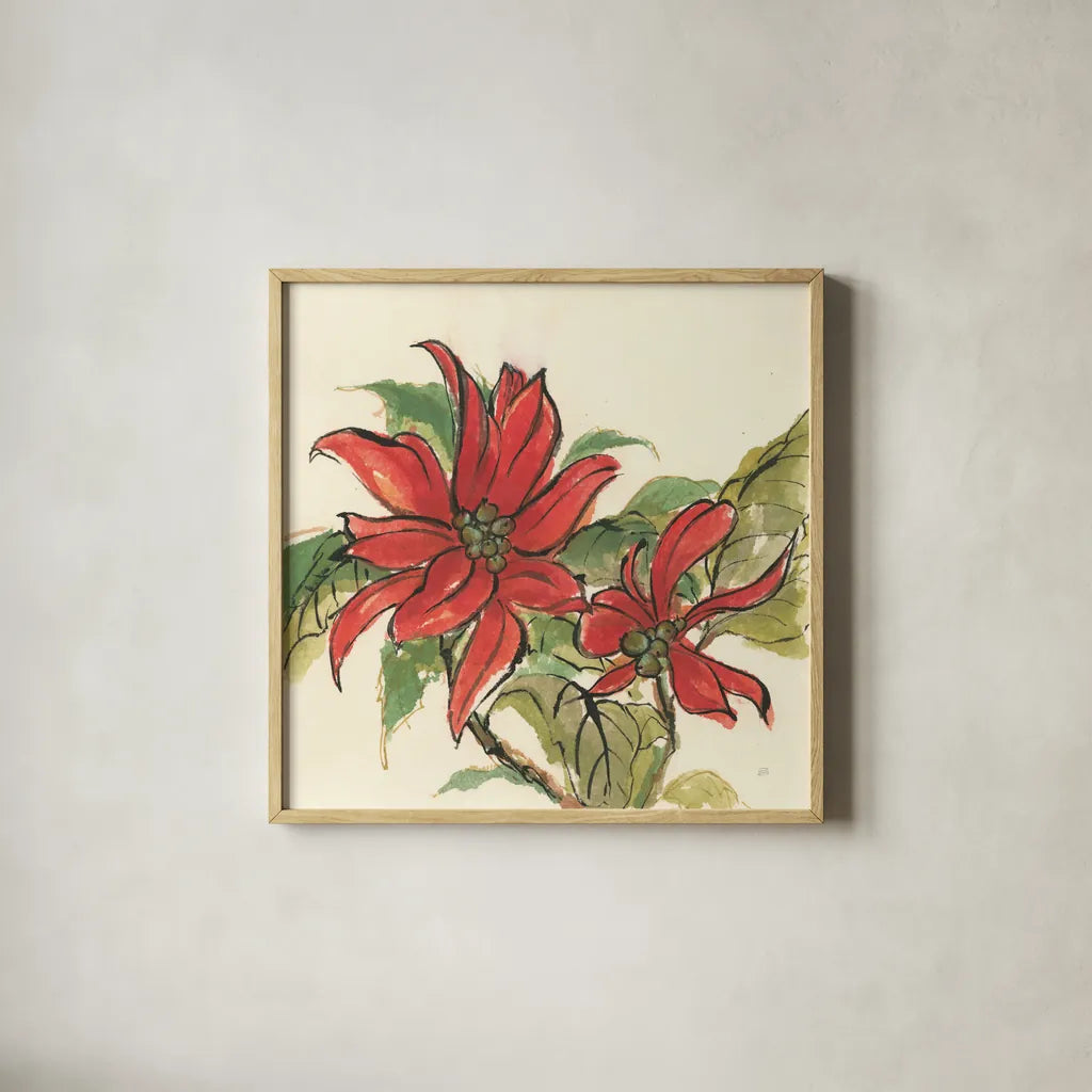 Poinsettia II by Chris Paschke. Shown in a natural wood glass frame for a timeless modern aesthetic. Available as an archival giclee rolled canvas, fine art paper, or poster print. SKU 44519a.