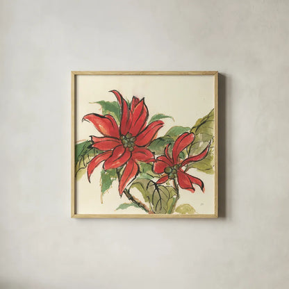 Poinsettia II by Chris Paschke. Shown in a natural wood glass frame for a timeless modern aesthetic. Available as an archival giclee rolled canvas, fine art paper, or poster print. SKU 44519a.