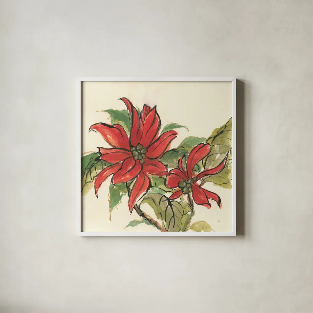 Poinsettia II by Chris Paschke. Shown in a crisp white glass frame for a clean and minimalist style. Available as an archival giclee rolled canvas, fine art paper, or poster print. SKU 44519a.