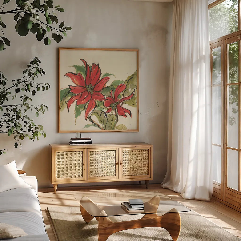 Poinsettia II by Chris Paschke. Shown in a natural wood frame in a cozy modern living room. Available as an archival giclee rolled canvas, fine art paper, or poster print. SKU 44519a.