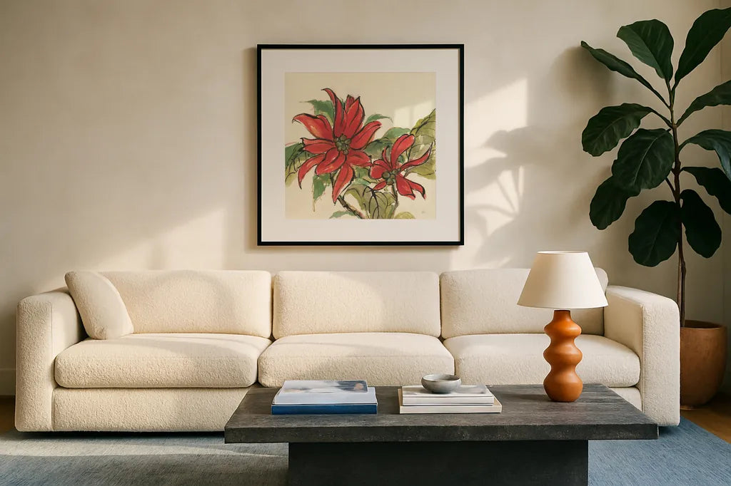 Poinsettia II by Chris Paschke. Displayed in a glass frame with matte in a clean modern living room. Available as an archival giclee rolled canvas, fine art paper, or poster print. SKU 44519a.