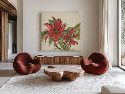 Poinsettia II by Chris Paschke. Shown as extra-large giant wall art in a modern living room. Available as an archival giclee rolled canvas, fine art paper, or poster print. SKU 44519a.