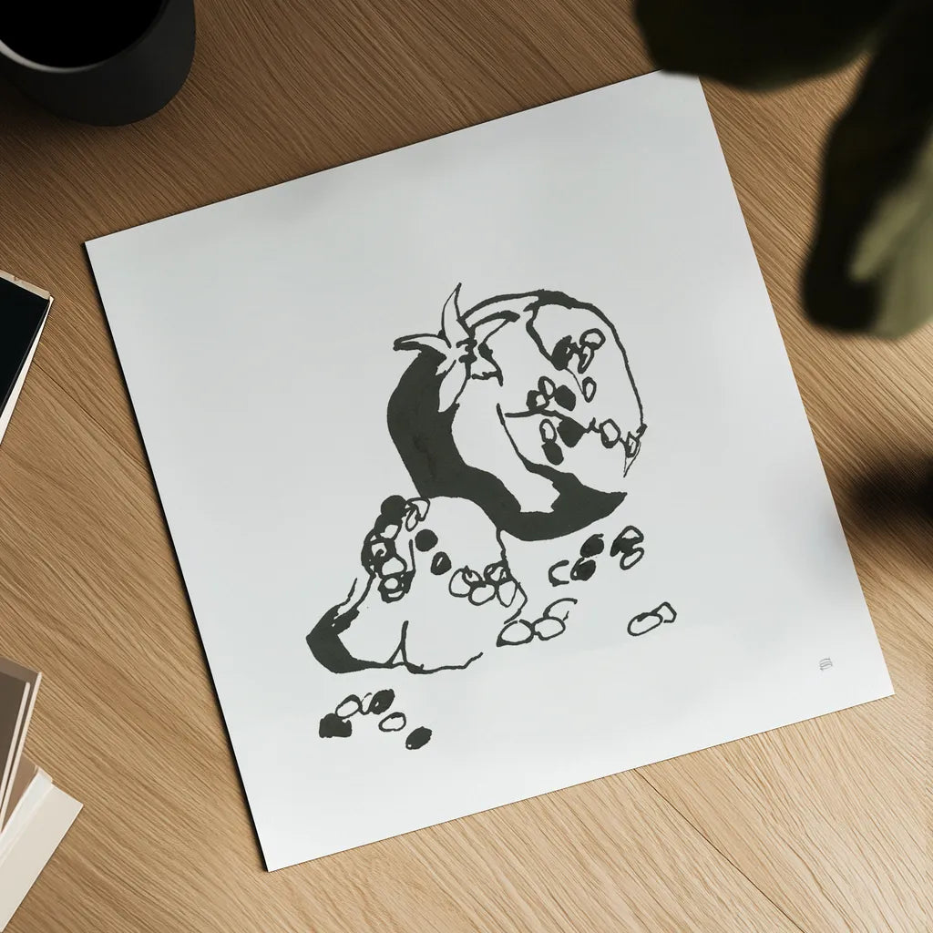 Pomegranate I BW by Chris Paschke. Shown as a detailed flat fine art print, highlighting archival giclee quality. Available as an archival giclee rolled canvas, fine art paper, or poster print. SKU 64223a.