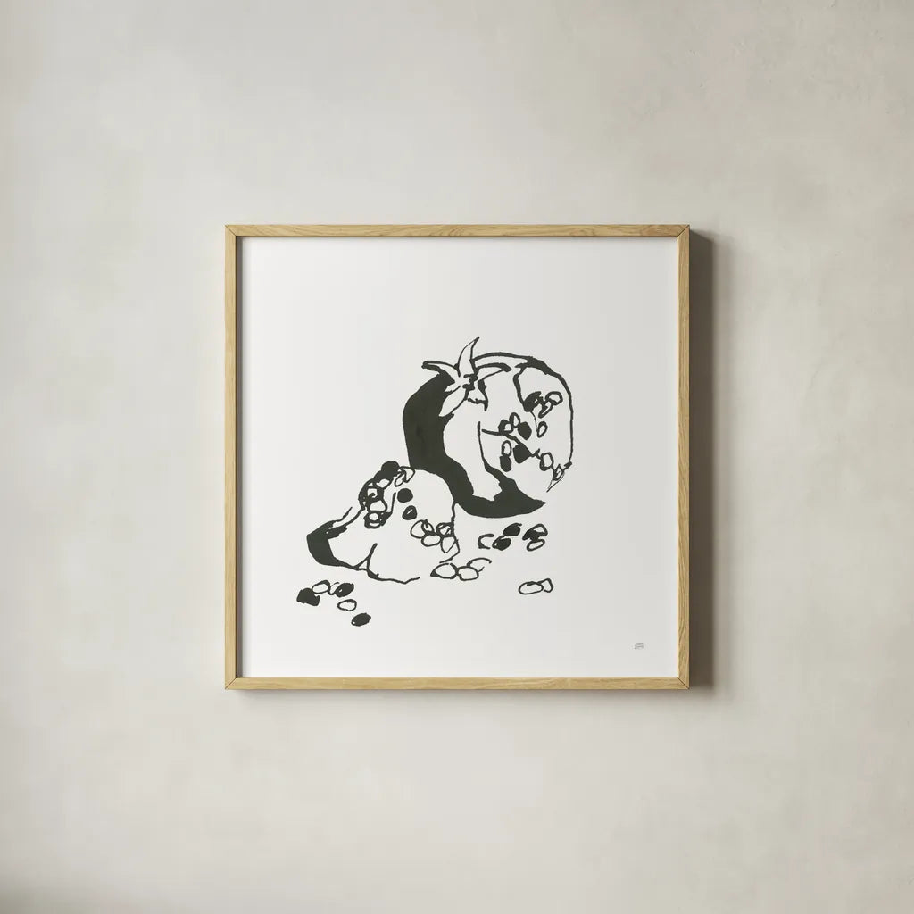 Pomegranate I BW by Chris Paschke. Shown in a natural wood glass frame for a timeless modern aesthetic. Available as an archival giclee rolled canvas, fine art paper, or poster print. SKU 64223a.