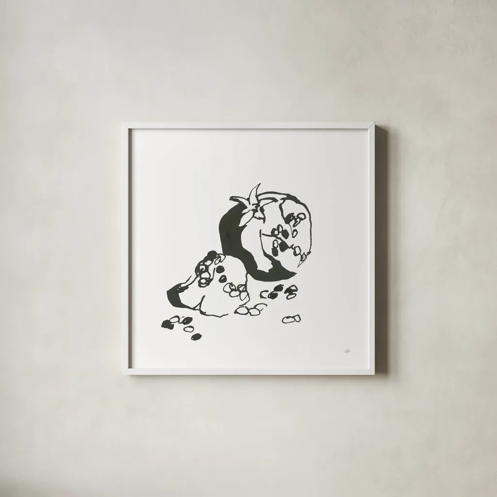 Pomegranate I BW by Chris Paschke. Shown in a crisp white glass frame for a clean and minimalist style. Available as an archival giclee rolled canvas, fine art paper, or poster print. SKU 64223a.