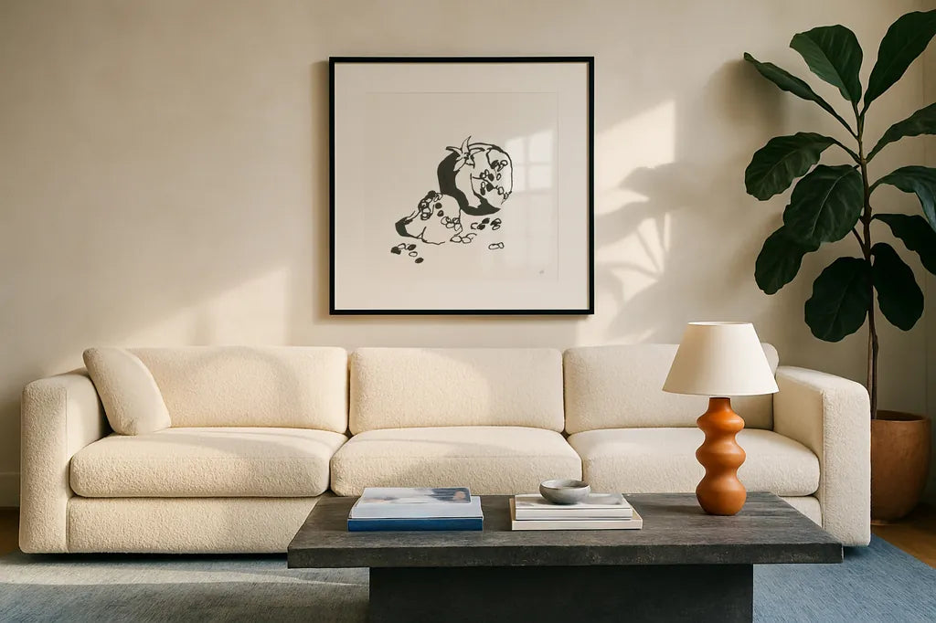 Pomegranate I BW by Chris Paschke. Displayed in a glass frame with matte in a clean modern living room. Available as an archival giclee rolled canvas, fine art paper, or poster print. SKU 64223a.