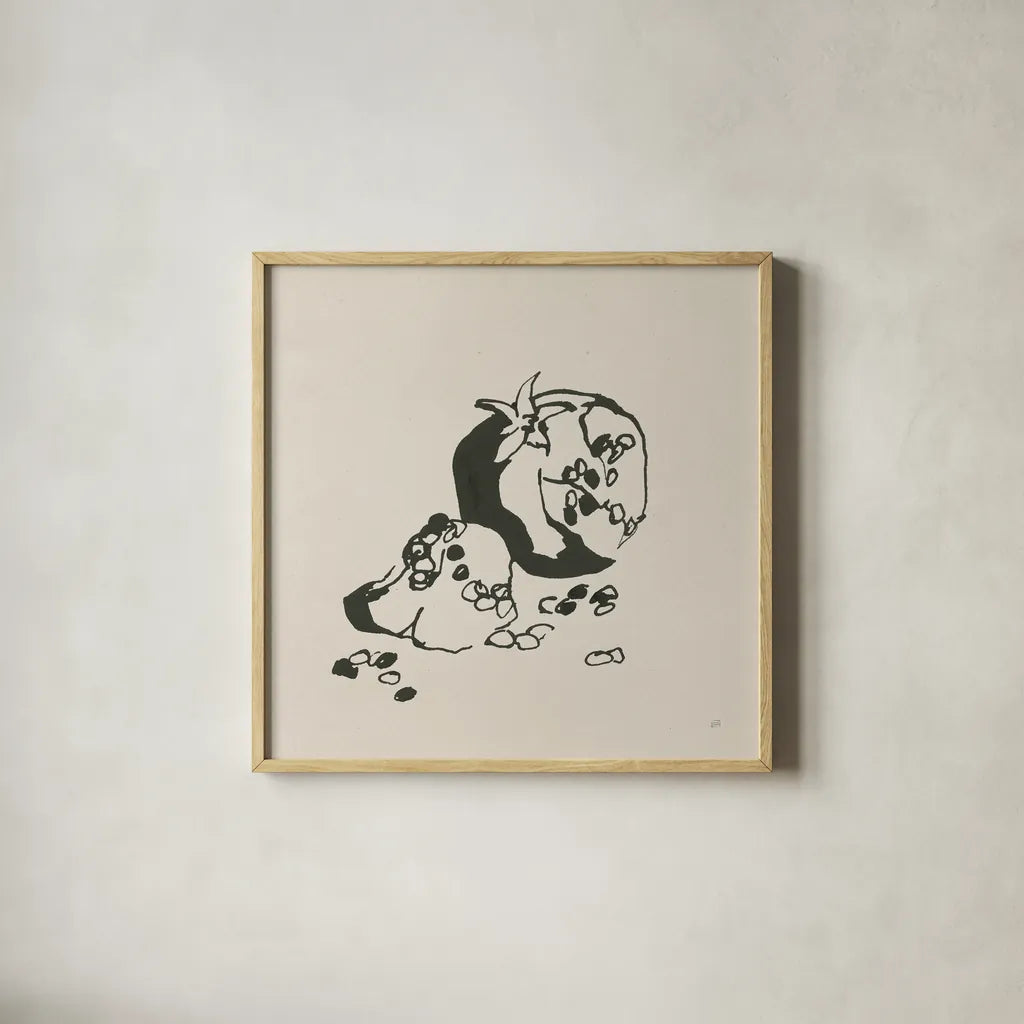 Pomegranate I Cream by Chris Paschke. Shown in a natural wood glass frame for a timeless modern aesthetic. Available as an archival giclee rolled canvas, fine art paper, or poster print. SKU 84271a.