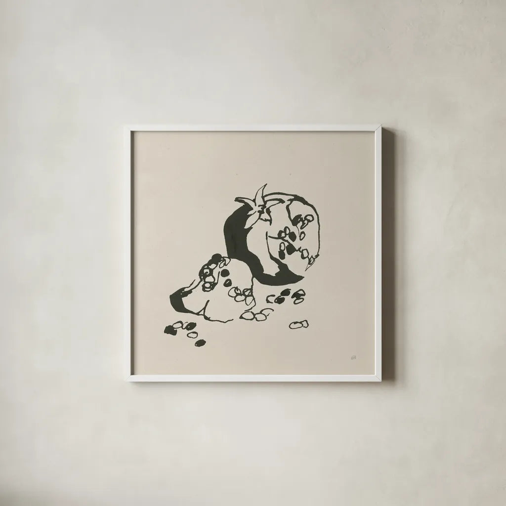 Pomegranate I Cream by Chris Paschke. Shown in a crisp white glass frame for a clean and minimalist style. Available as an archival giclee rolled canvas, fine art paper, or poster print. SKU 84271a.