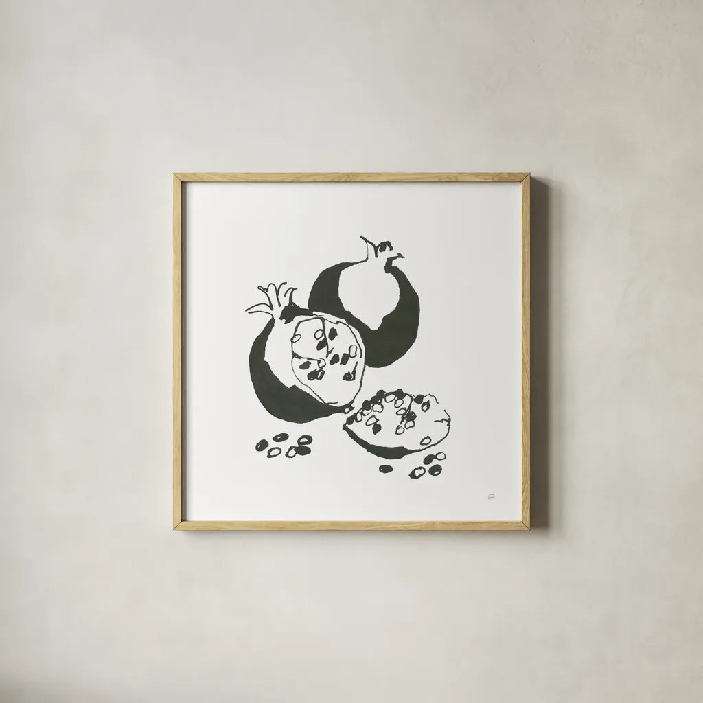Pomegranate II BW by Chris Paschke. Shown in a natural wood glass frame for a timeless modern aesthetic. Available as an archival giclee rolled canvas, fine art paper, or poster print. SKU 64224a.
