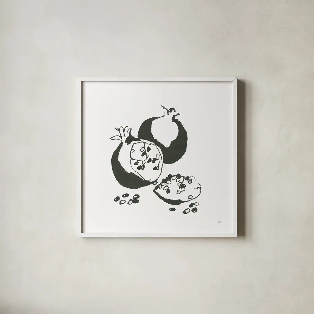 Pomegranate II BW by Chris Paschke. Shown in a crisp white glass frame for a clean and minimalist style. Available as an archival giclee rolled canvas, fine art paper, or poster print. SKU 64224a.