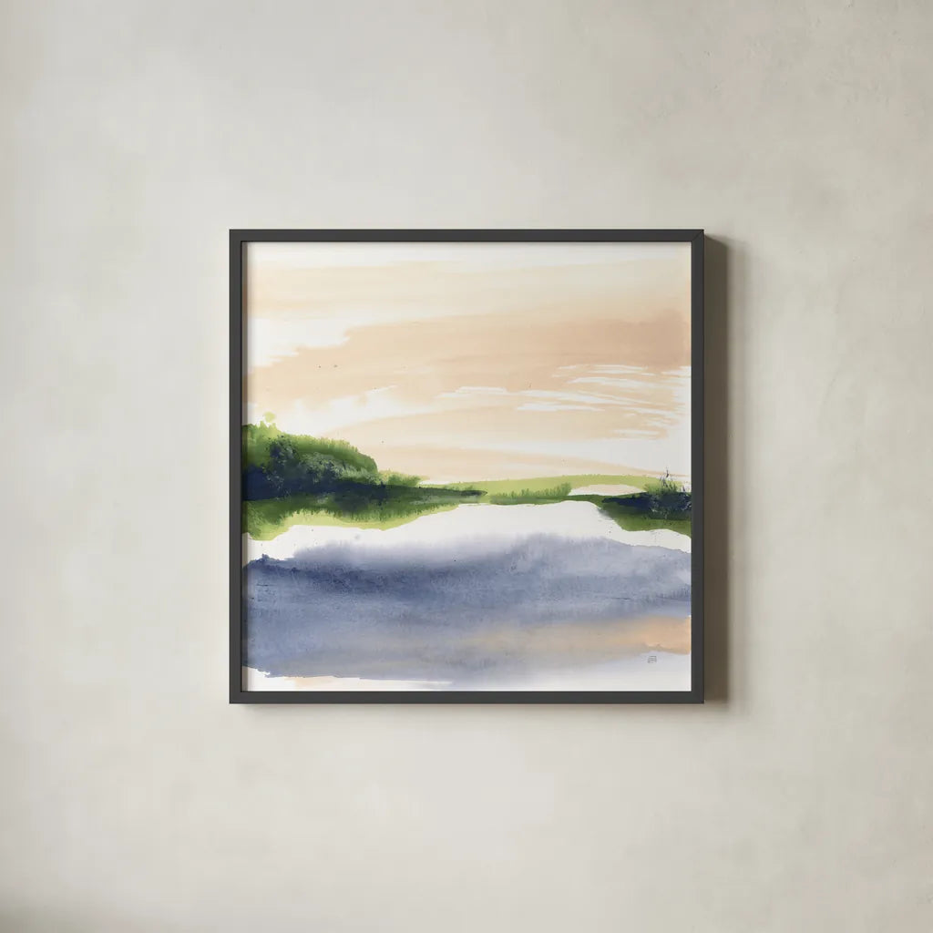 Pond View I by Chris Paschke. Shown in a sleek black glass frame for a contemporary gallery look. Available as an archival giclee rolled canvas, fine art paper, or poster print. SKU 94401a.