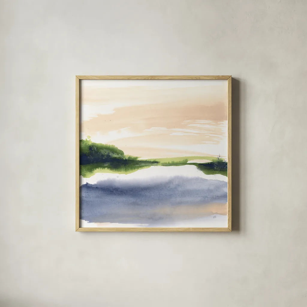 Pond View I by Chris Paschke. Shown in a natural wood glass frame for a timeless modern aesthetic. Available as an archival giclee rolled canvas, fine art paper, or poster print. SKU 94401a.