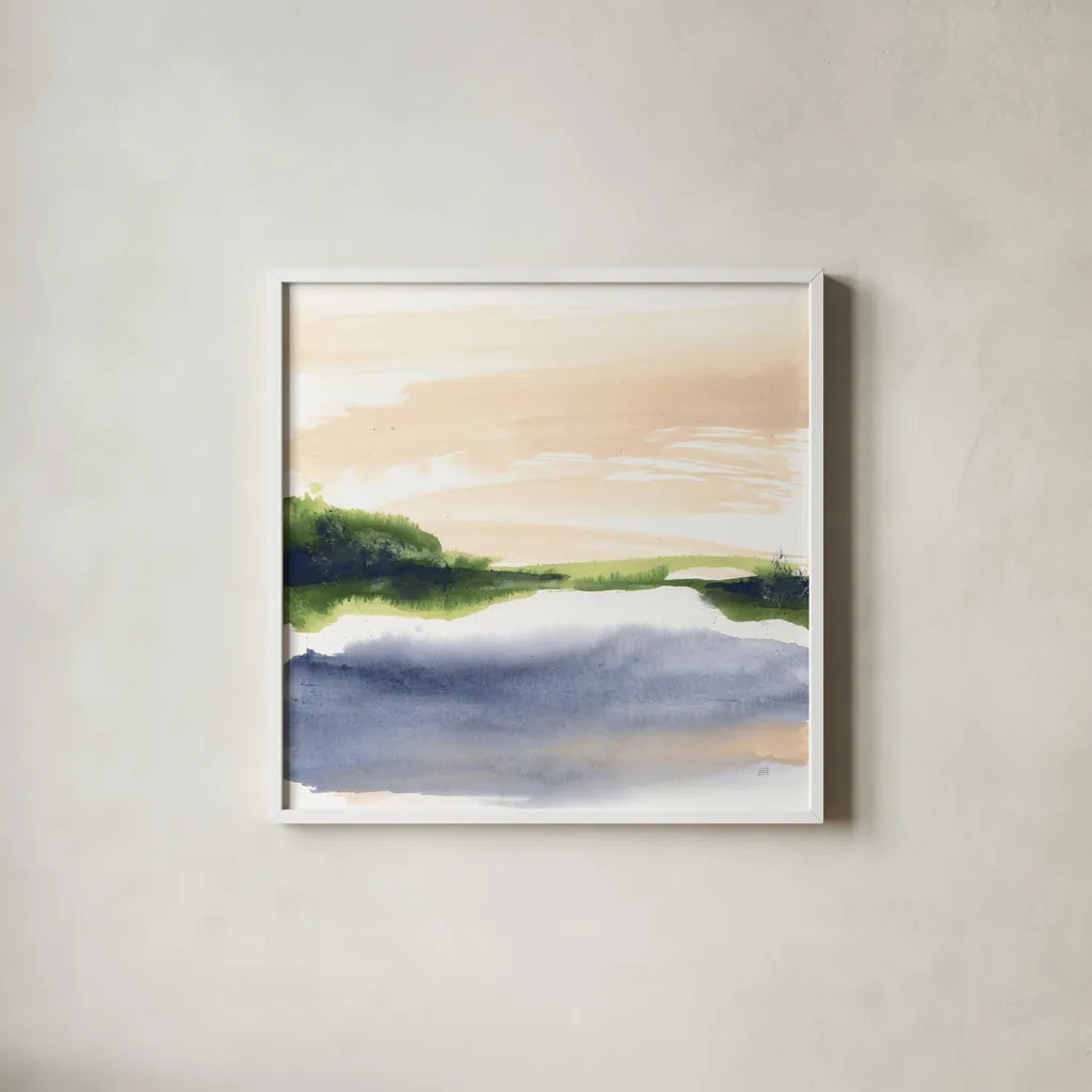 Pond View I by Chris Paschke. Shown in a crisp white glass frame for a clean and minimalist style. Available as an archival giclee rolled canvas, fine art paper, or poster print. SKU 94401a.