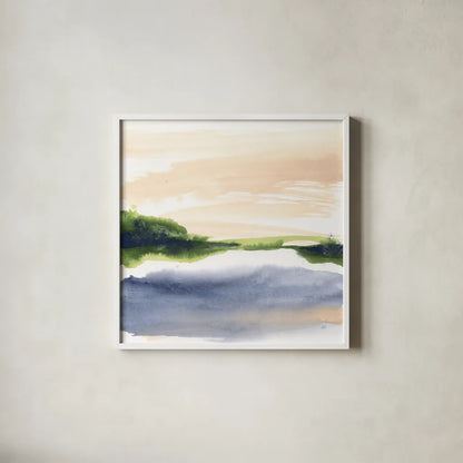 Pond View I by Chris Paschke. Shown in a crisp white glass frame for a clean and minimalist style. Available as an archival giclee rolled canvas, fine art paper, or poster print. SKU 94401a.