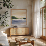 Pond View I by Chris Paschke. Shown in a natural wood frame in a cozy modern living room. Available as an archival giclee rolled canvas, fine art paper, or poster print. SKU 94401a.