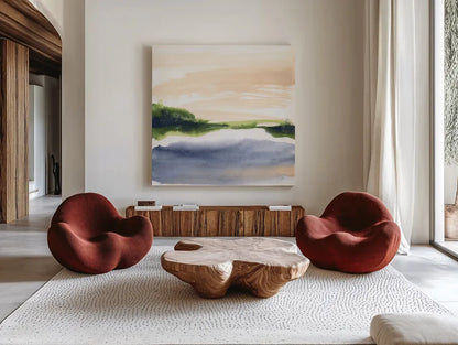 Pond View I by Chris Paschke. Shown as extra-large giant wall art in a modern living room. Available as an archival giclee rolled canvas, fine art paper, or poster print. SKU 94401a.