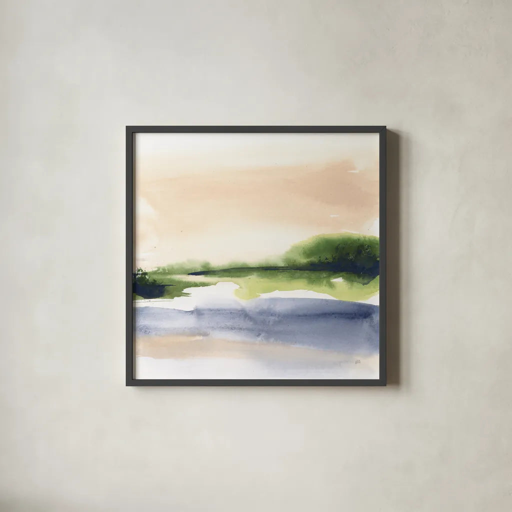 Pond View II by Chris Paschke. Shown in a sleek black glass frame for a contemporary gallery look. Available as an archival giclee rolled canvas, fine art paper, or poster print. SKU 94402a.