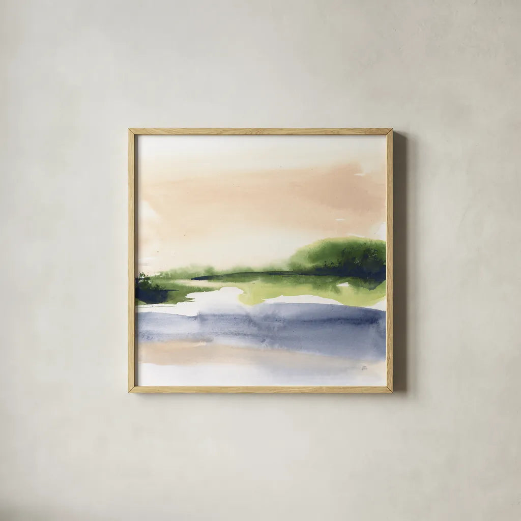 Pond View II by Chris Paschke. Shown in a natural wood glass frame for a timeless modern aesthetic. Available as an archival giclee rolled canvas, fine art paper, or poster print. SKU 94402a.