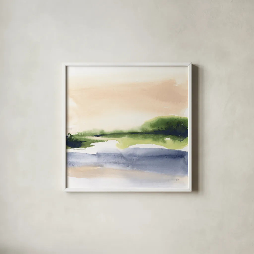 Pond View II by Chris Paschke. Shown in a crisp white glass frame for a clean and minimalist style. Available as an archival giclee rolled canvas, fine art paper, or poster print. SKU 94402a.
