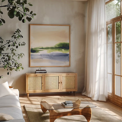 Pond View II by Chris Paschke. Shown in a natural wood frame in a cozy modern living room. Available as an archival giclee rolled canvas, fine art paper, or poster print. SKU 94402a.